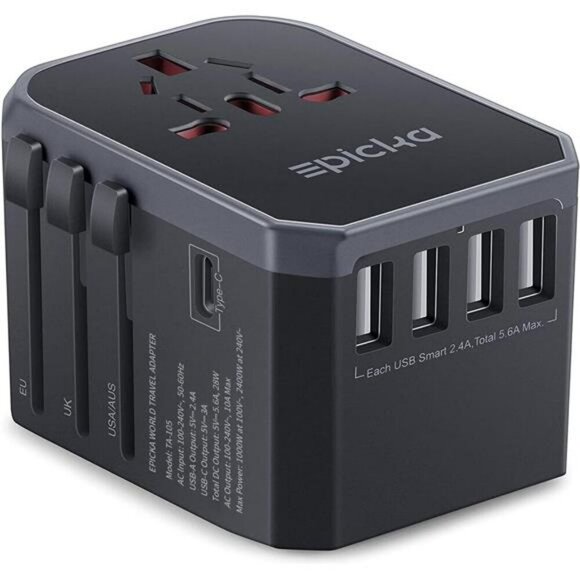 EPICKA Universal Travel Adapter USB C International Power Plug Charger Grey - Picture 1 of 7